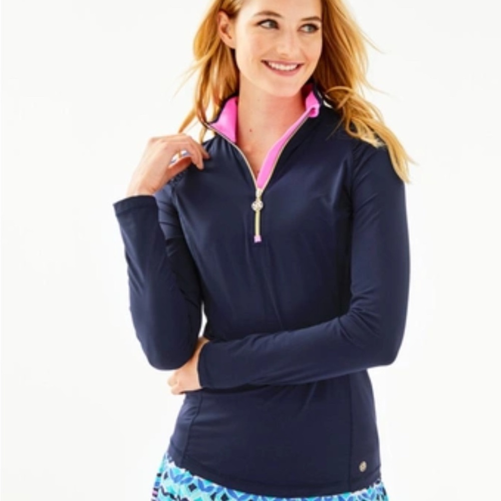 🦩Lilly Pulitzer Navy Half-Zip Pullover with Pink Trim